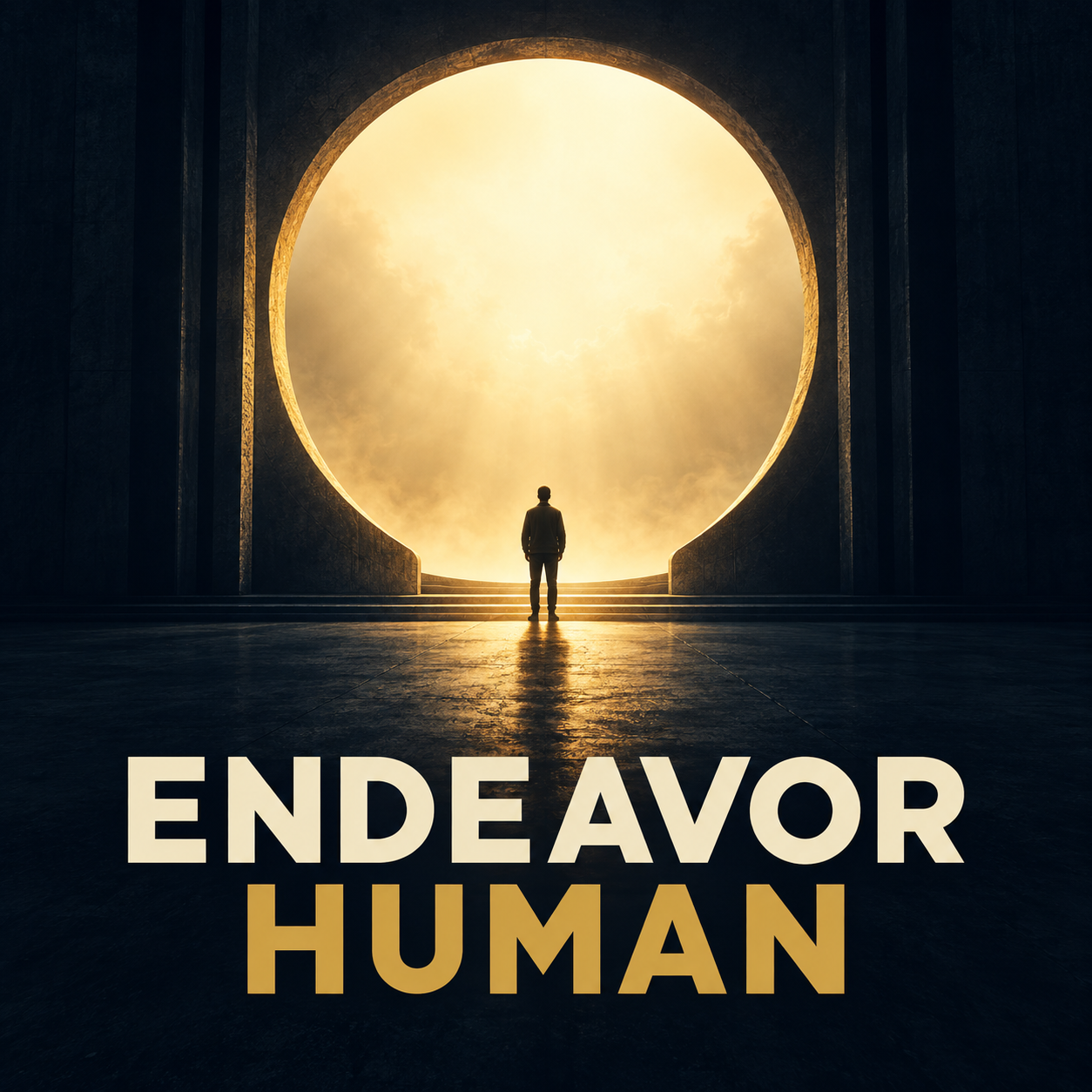 Endeavor Human: a human figure before a monumental circle of golden light